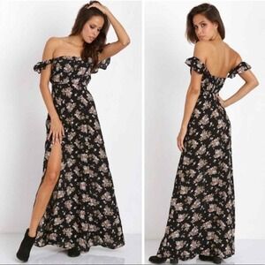 Flynn‎ Skye Bardot Maxi Black Bouquet Maxi Side Slit Dress Size 2